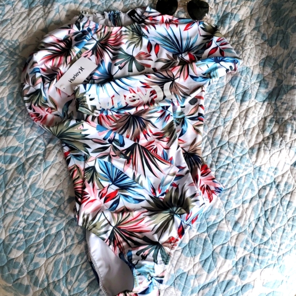 🌴 Hurley Palm Tropical Surf Rash Guard Zipper 🌺